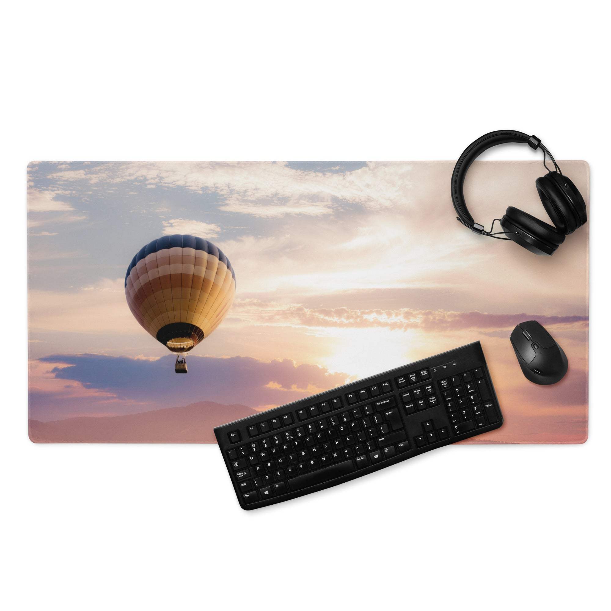 Sunset sky large gaming mouse pad with hot air balloon and non-slip base