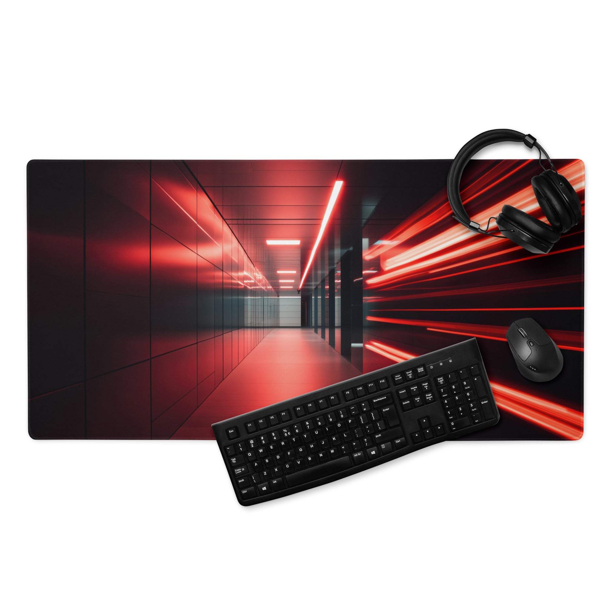 Black gaming mousepad with red neon tunnel corridor and motion blur design