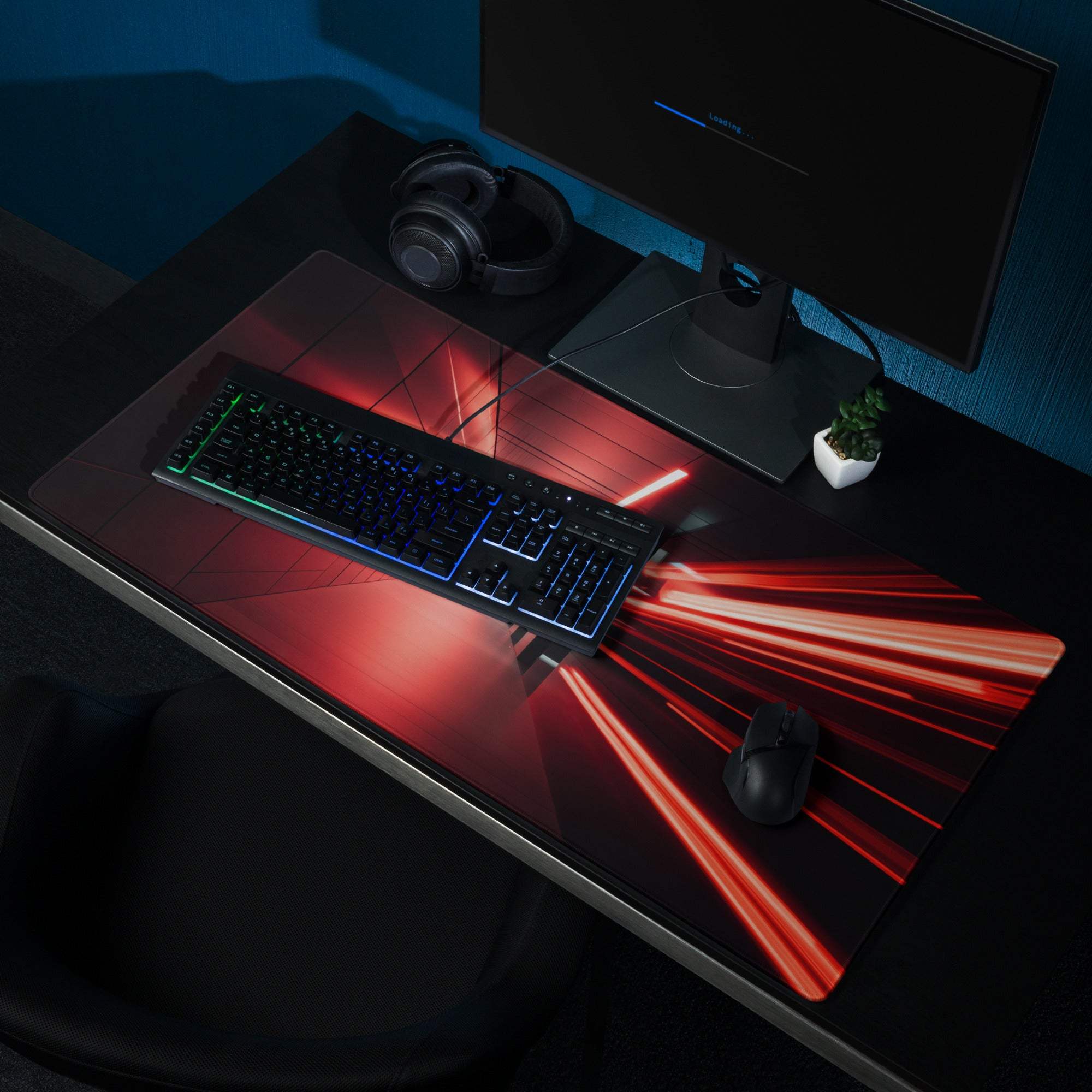 Red black laser gaming mousepad with sleek tunnel neon red stitched edges