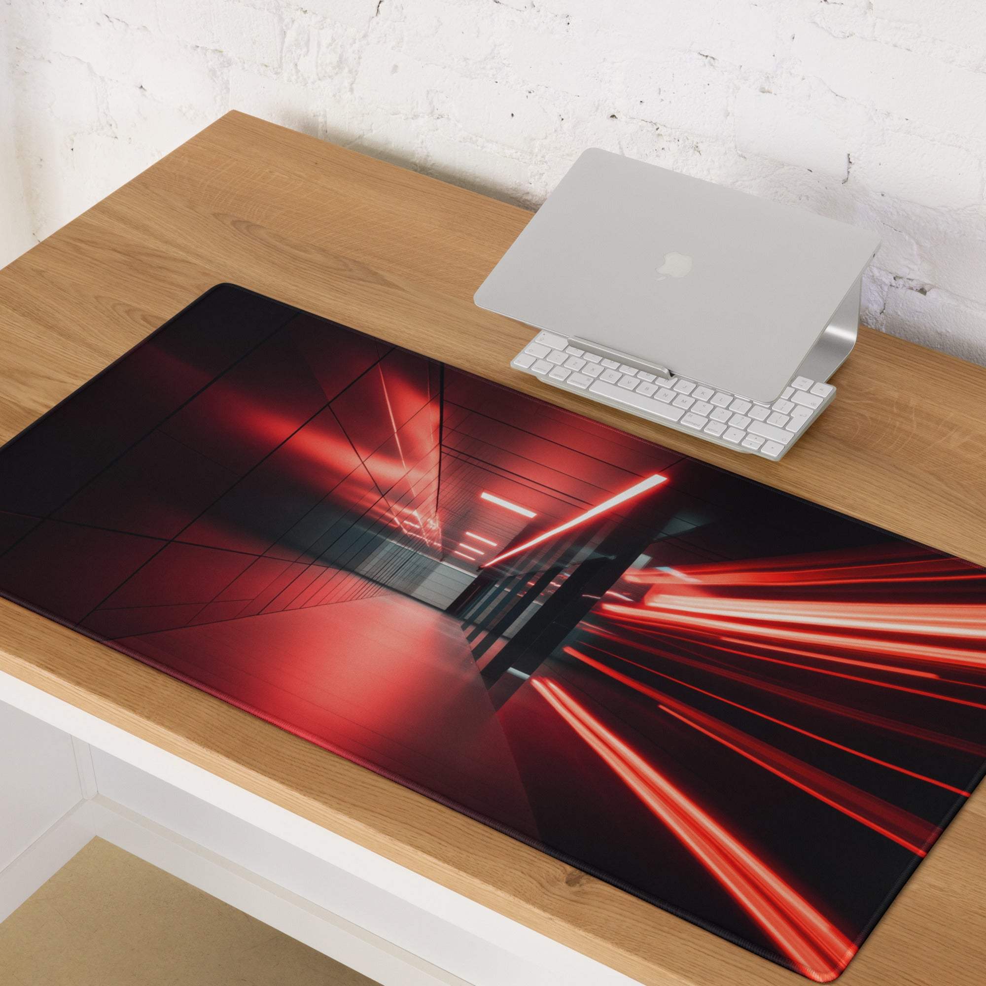 Red black neon-lit corridor gaming mousepad, Sleek Tunnel Design large non-slip stitched