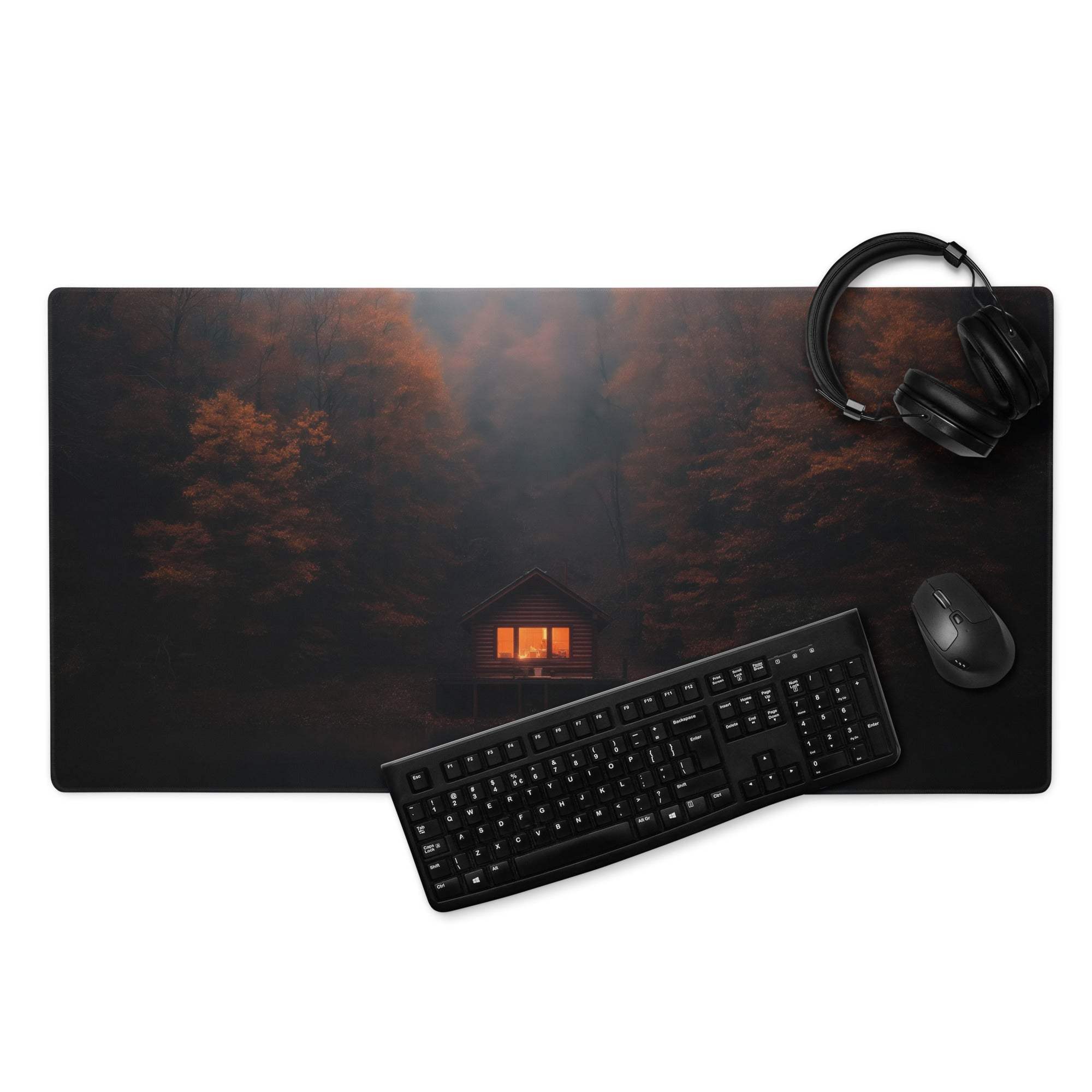 Dark Forest Night large gaming mouse pad with cozy cabin in misty autumn forest