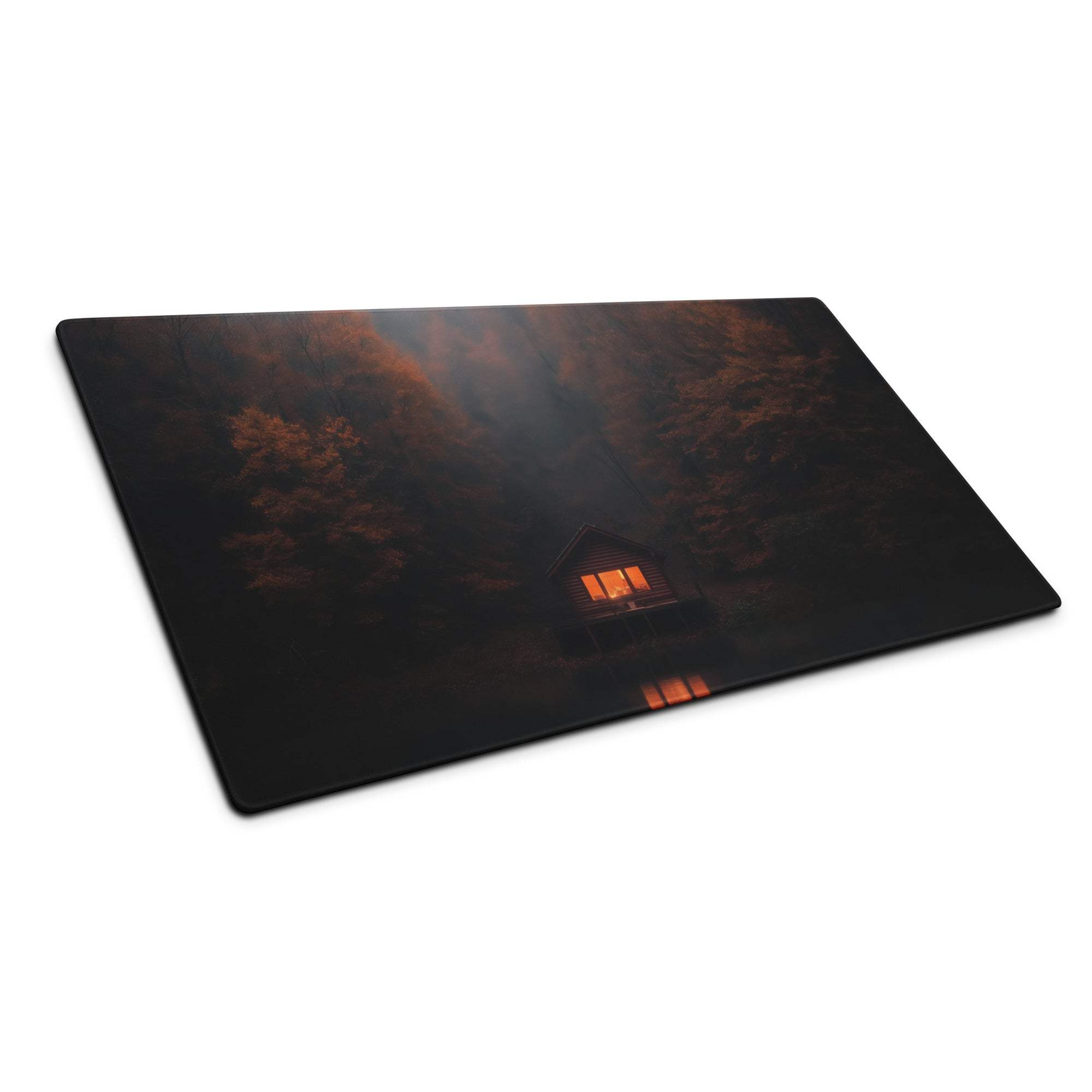 Dark forest night cabin mouse pad with glowing windows and non-slip base