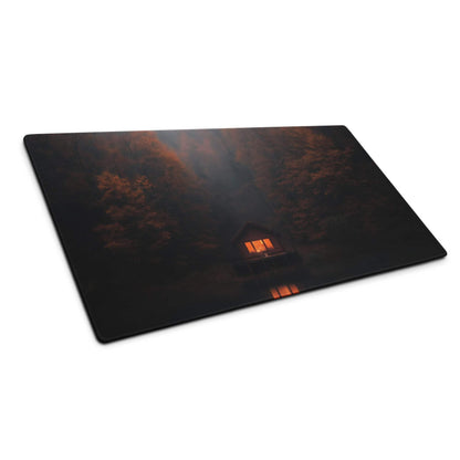 Dark forest night cabin mouse pad with glowing windows and non-slip base