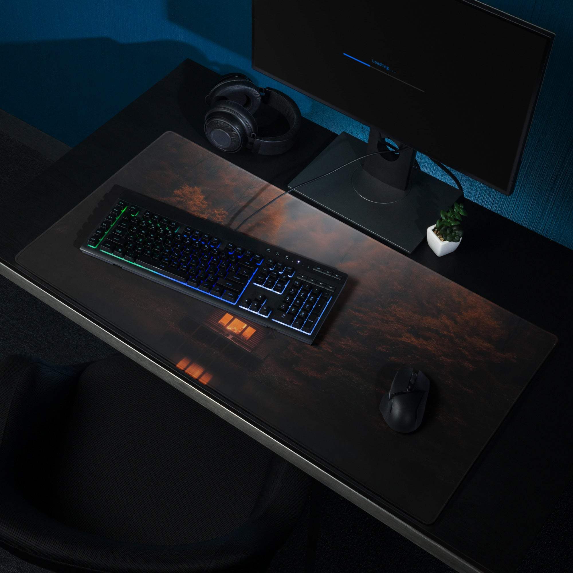 Dark Forest Night large gaming mousepad with orange blue glow accents