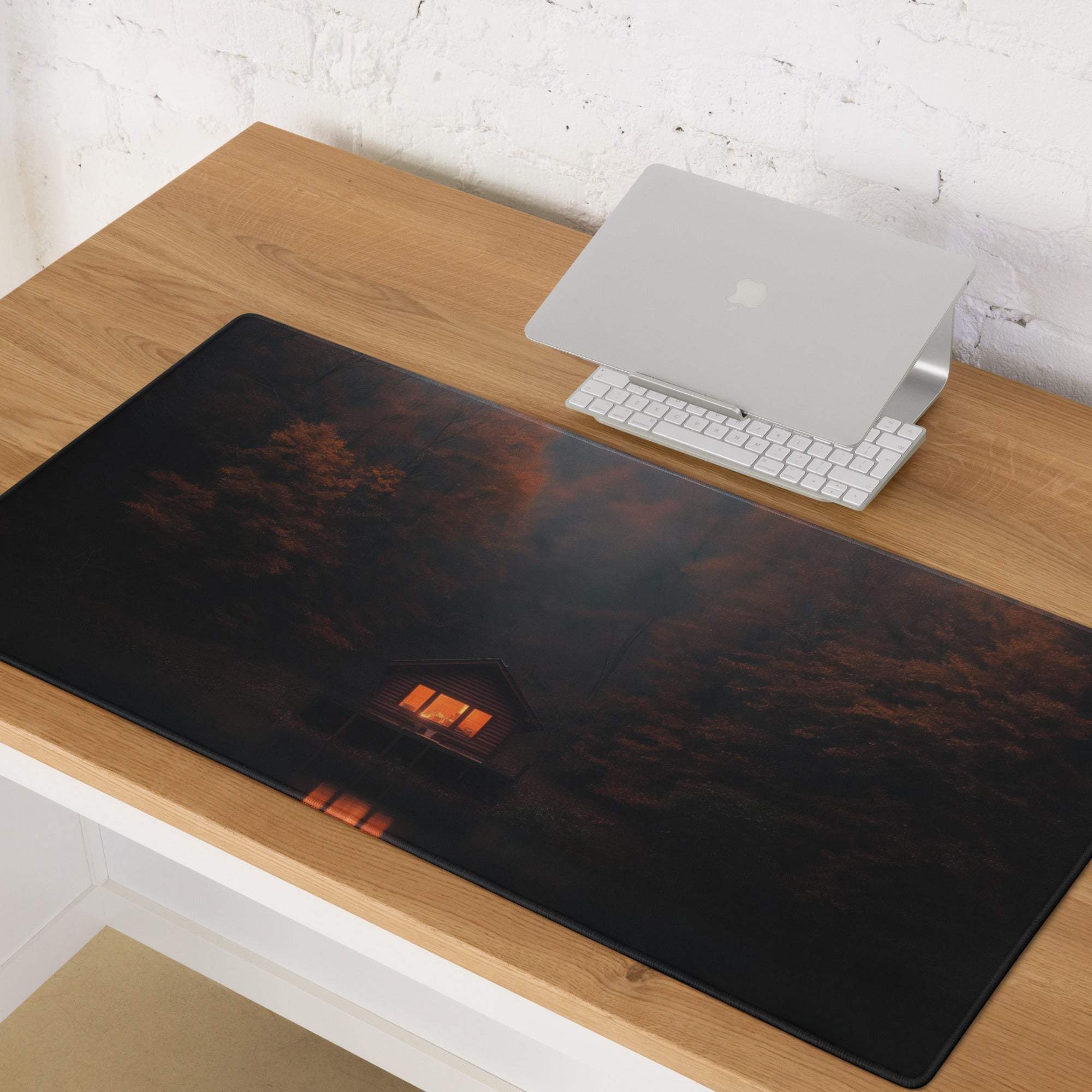 Dark forest night house gaming mouse pad with glowing windows