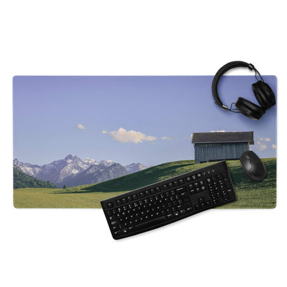 Scenic Landscape large gaming mouse pad with snow-capped mountains and barn