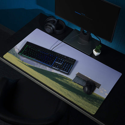 Scenic Landscape large gaming mouse pad with green fields, barn, mountains, calm sky blue, non-slip base