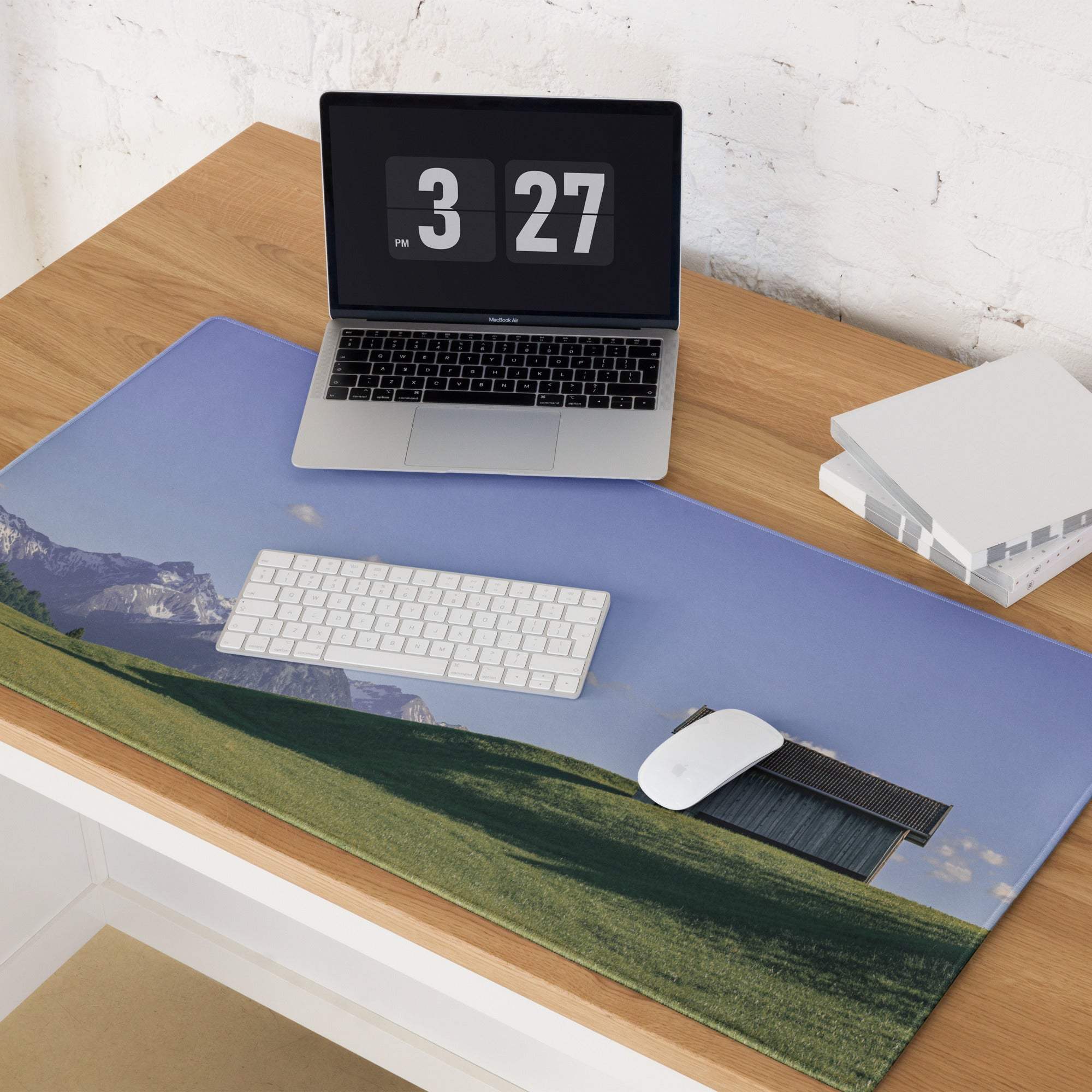 Scenic blue landscape gaming mouse pad with hills, mountains, shed, non-slip base