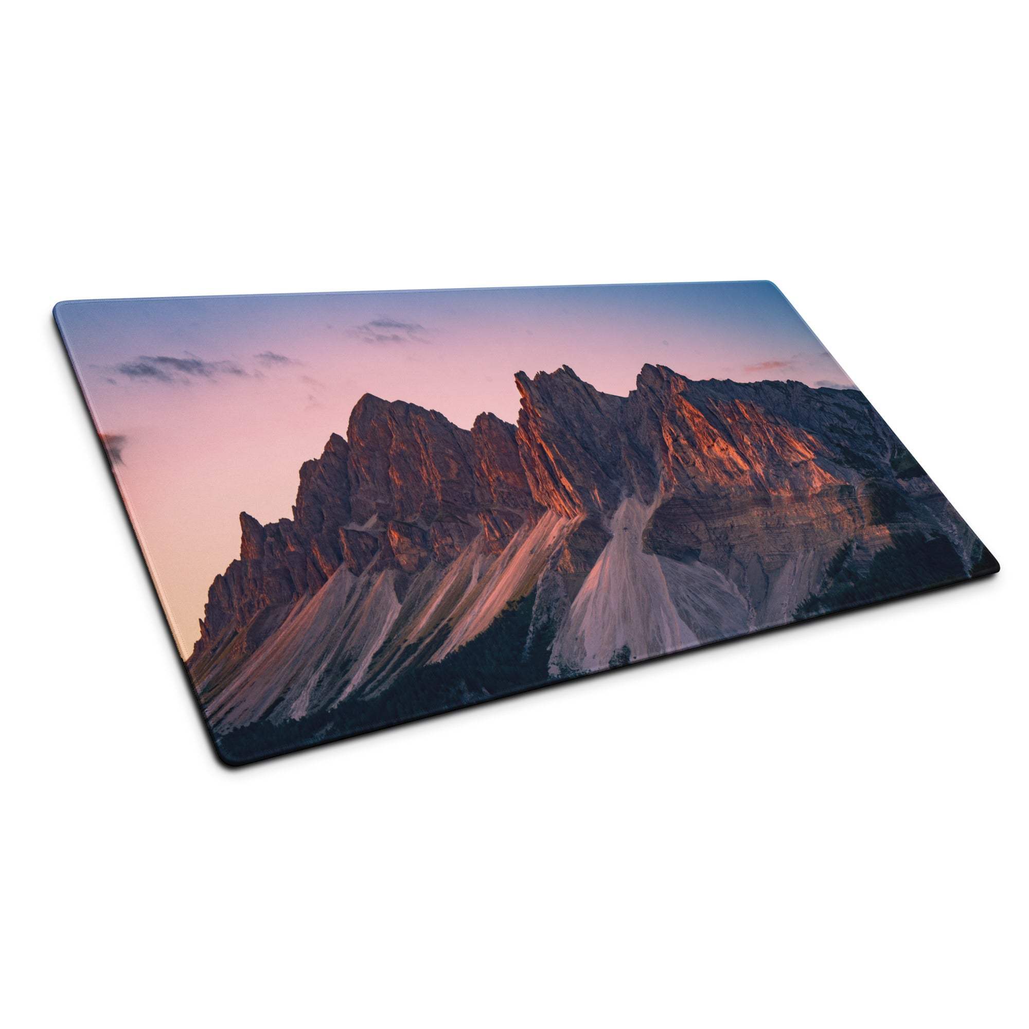 Premium mountain sunset gaming mousepad with glossy rugged peaks and non-slip base