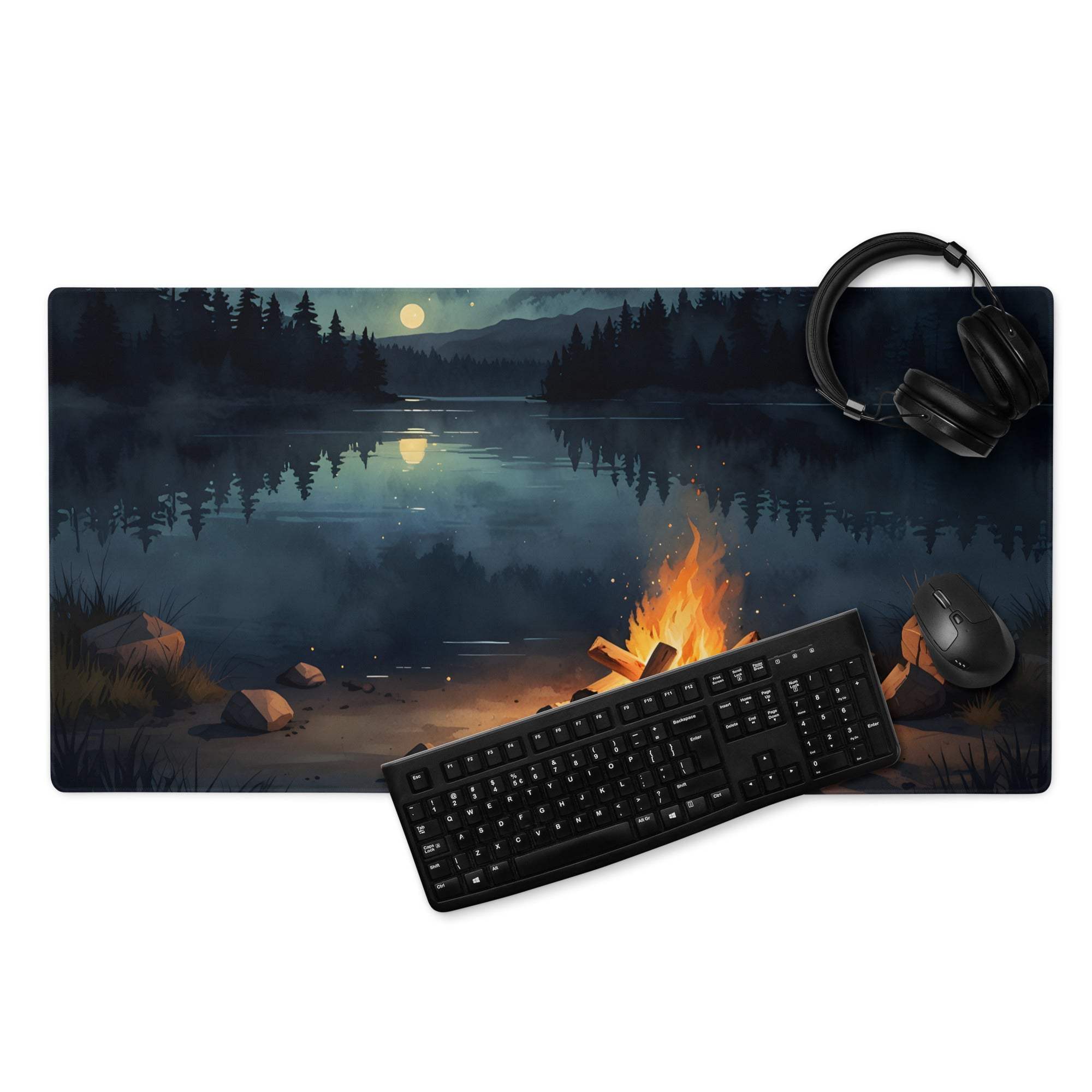 Black keyboard on large Night Forest Campfire gaming mouse pad