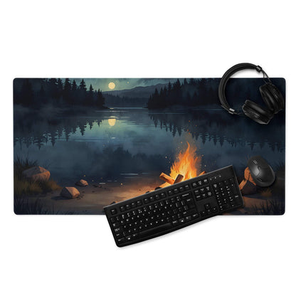 Black keyboard on large Night Forest Campfire gaming mouse pad