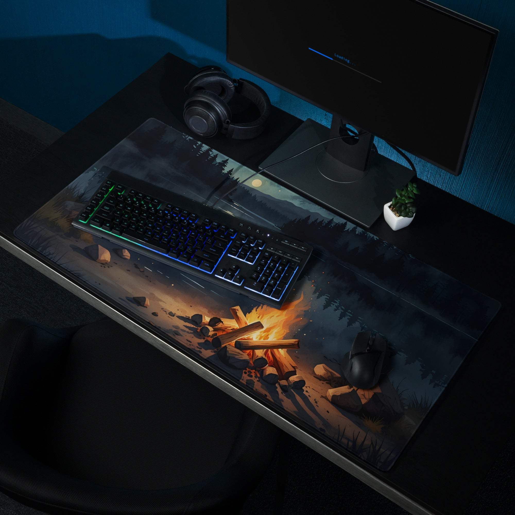 Large gaming mouse pad with night forest campfire scene and non-slip backing
