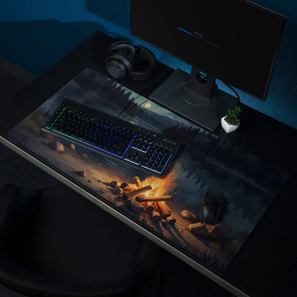 Large gaming mouse pad with night forest campfire scene and non-slip backing