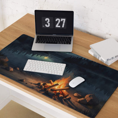 Dark forest gaming mousepad with glowing campfire, night sky, non-slip backing