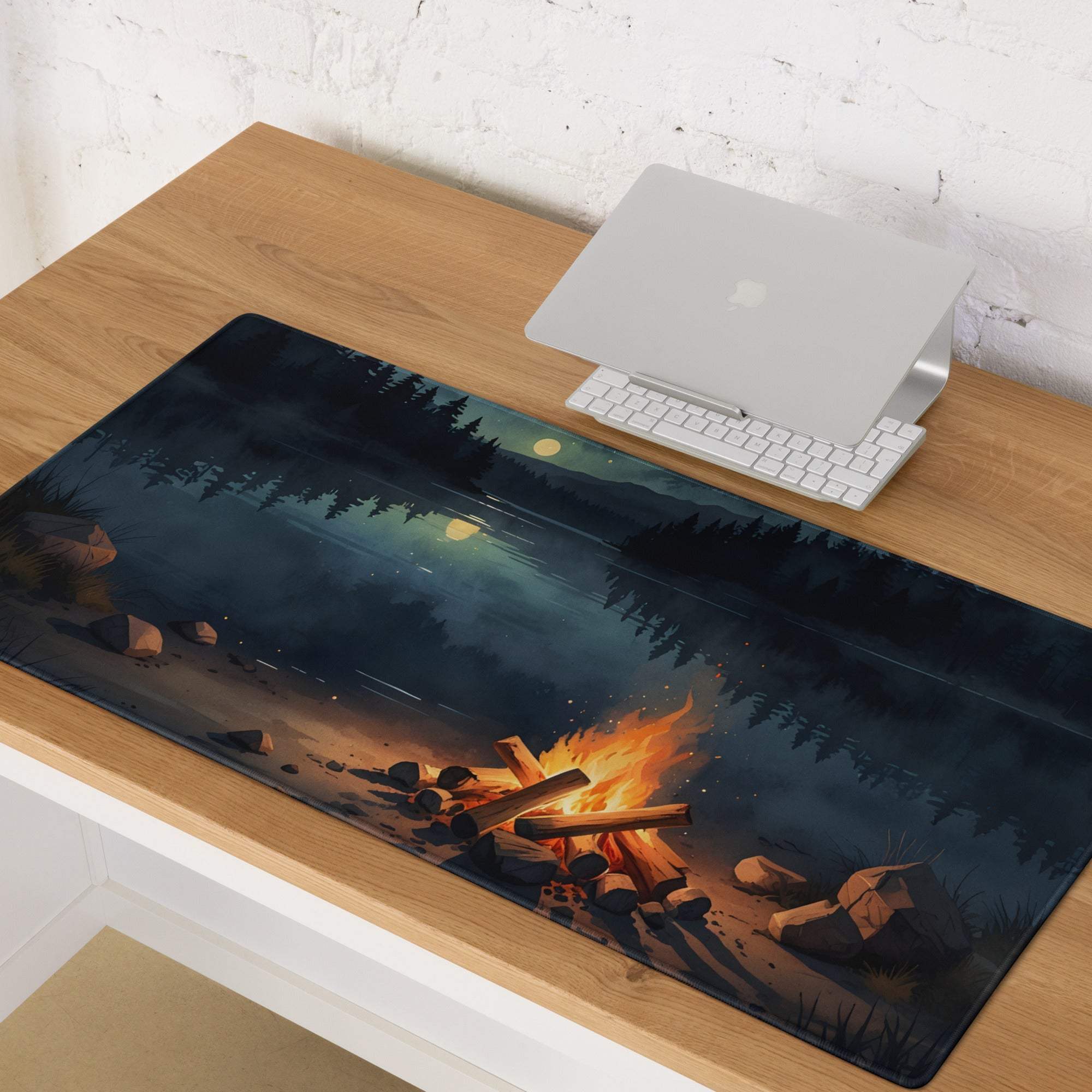 Large gaming mouse pad with night forest campfire scene, non-slip backing