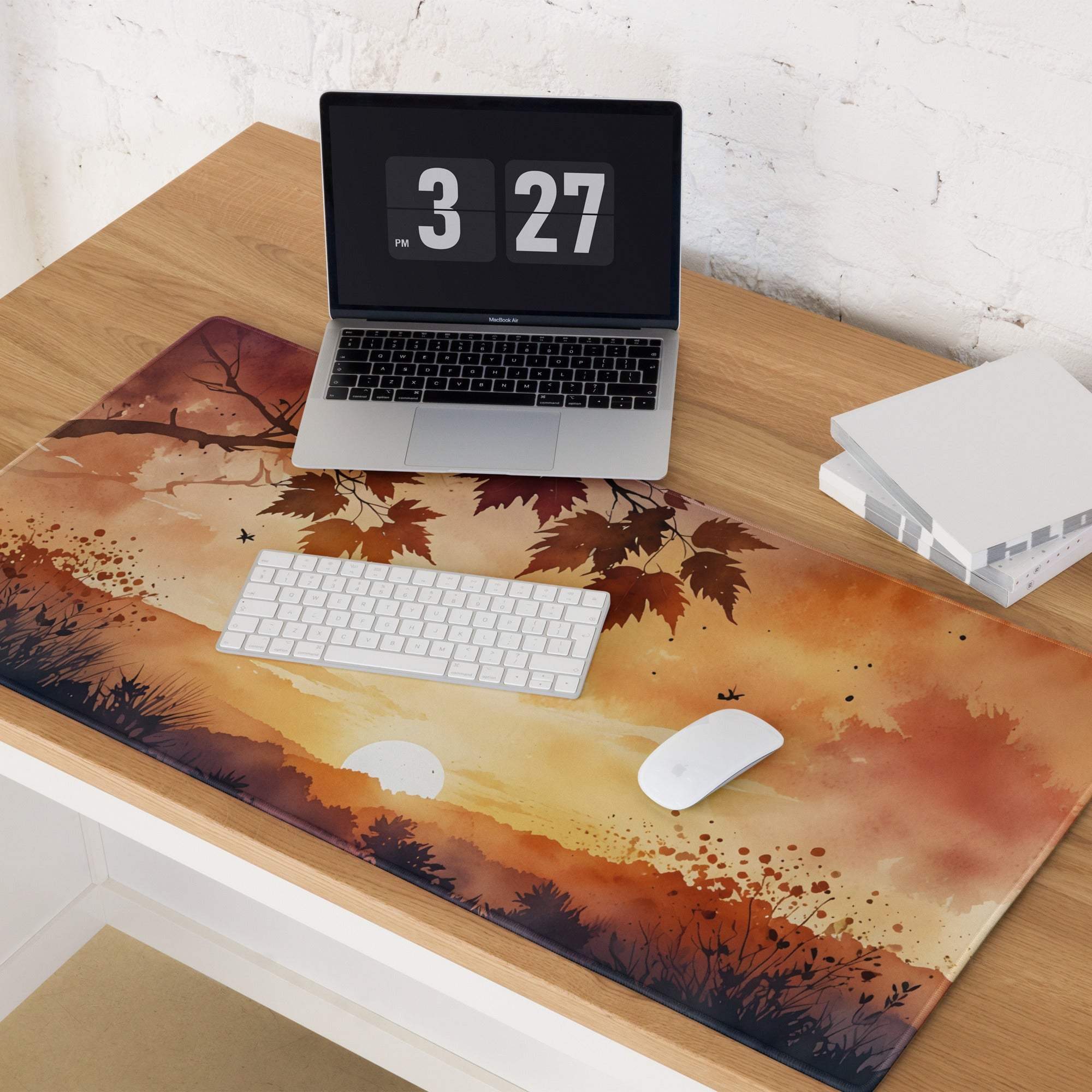 Autumn sunset watercolor gaming mouse pad, large non-slip stitched edges