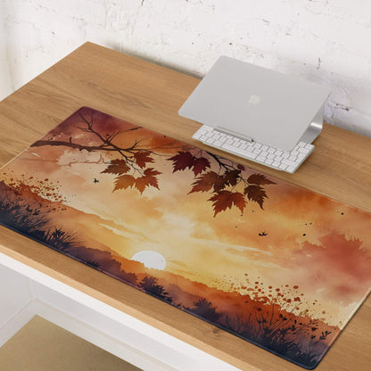 Autumn Sunset Landscape large gaming mouse pad with watercolor sunset design