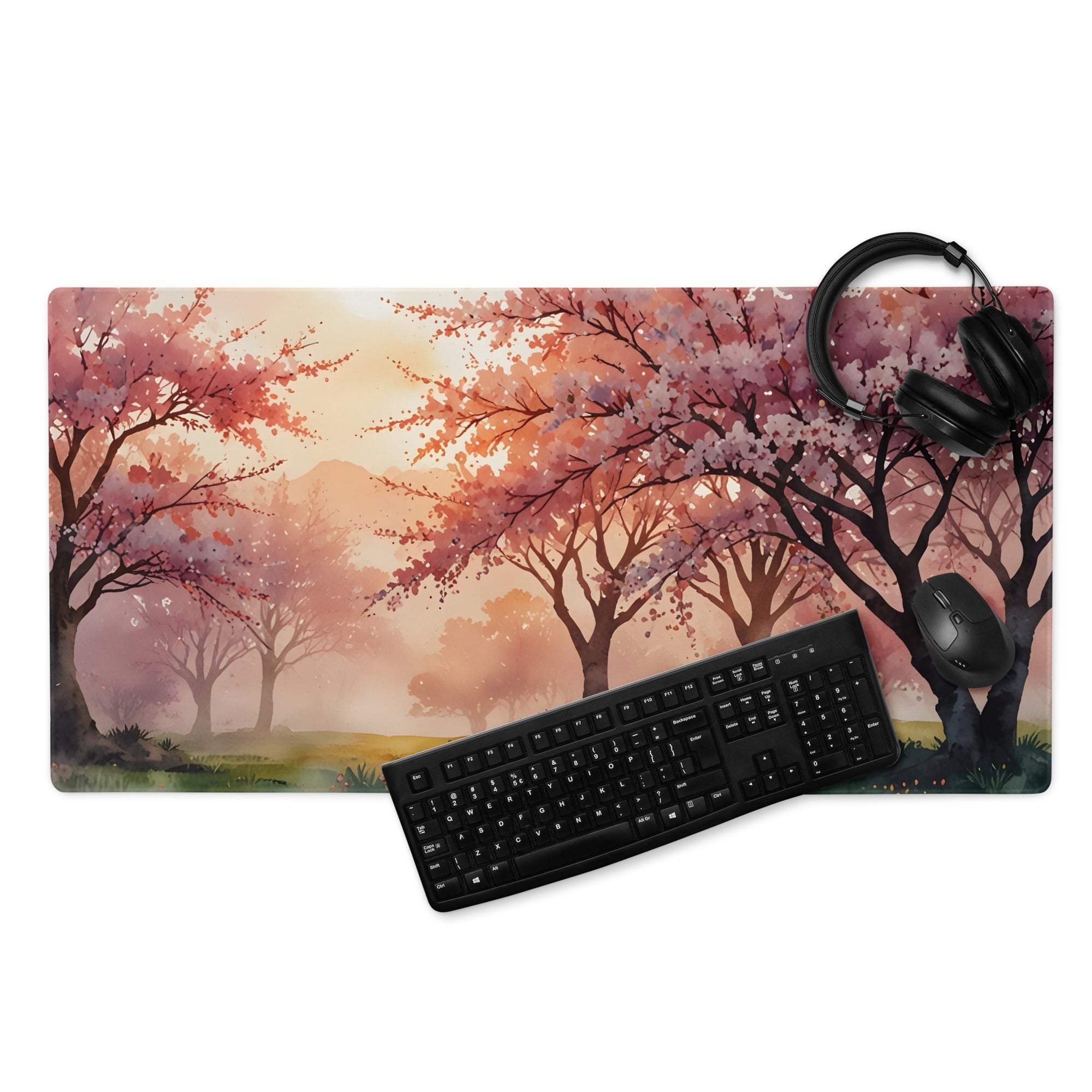 Watercolor Sakura Forest Dream pastel sunset gaming mouse pad with cherry blossoms