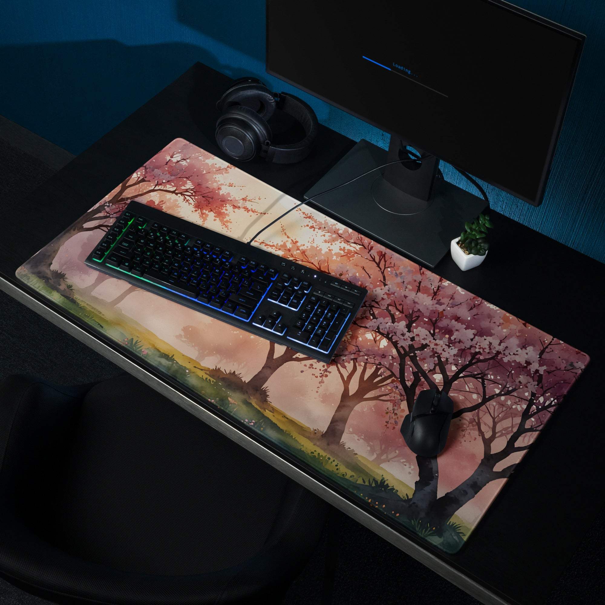 Watercolor sakura forest dream pastel sunset gaming mouse pad with cherry blossoms