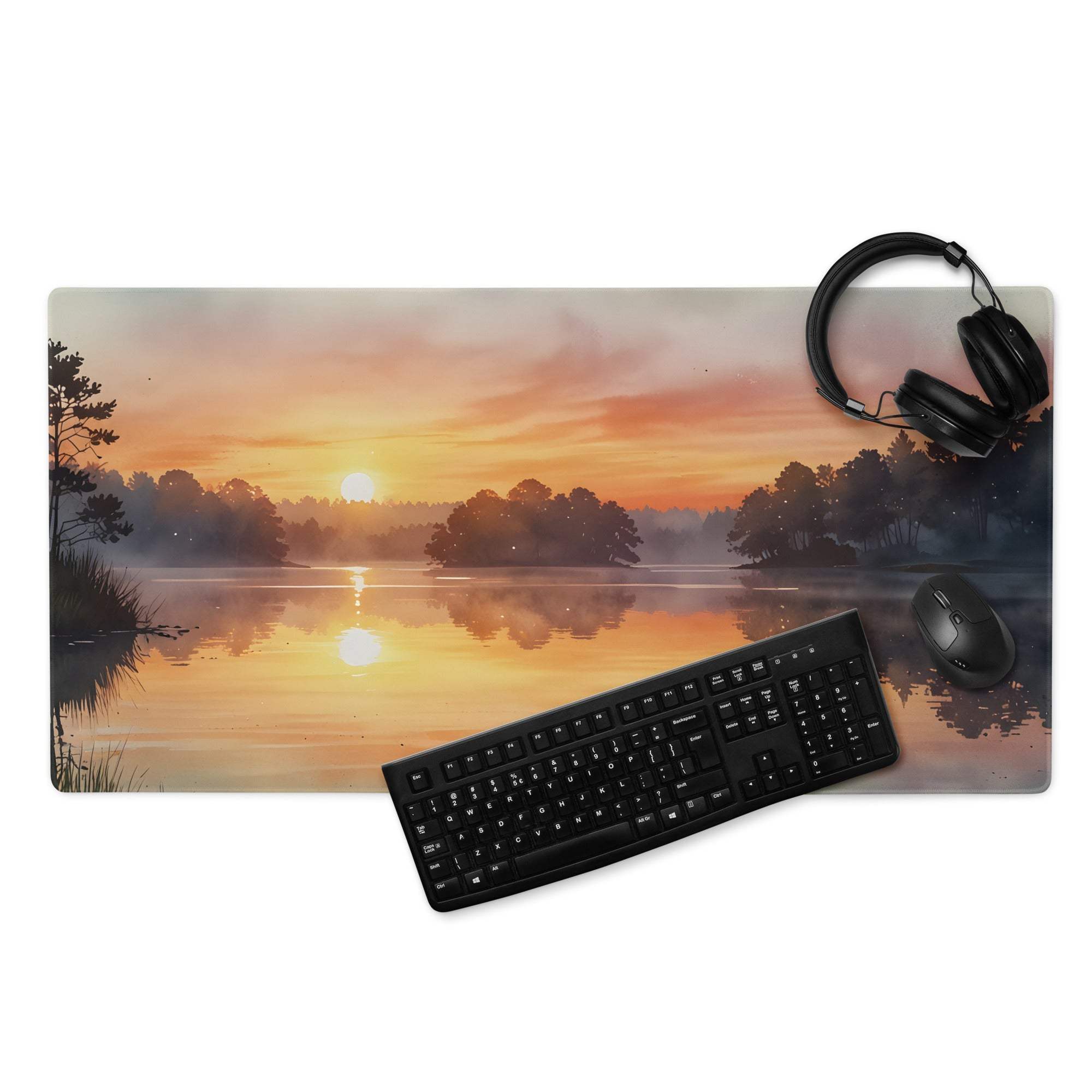 Large gaming mouse pad with serene sunset over misty lake, non-slip backing