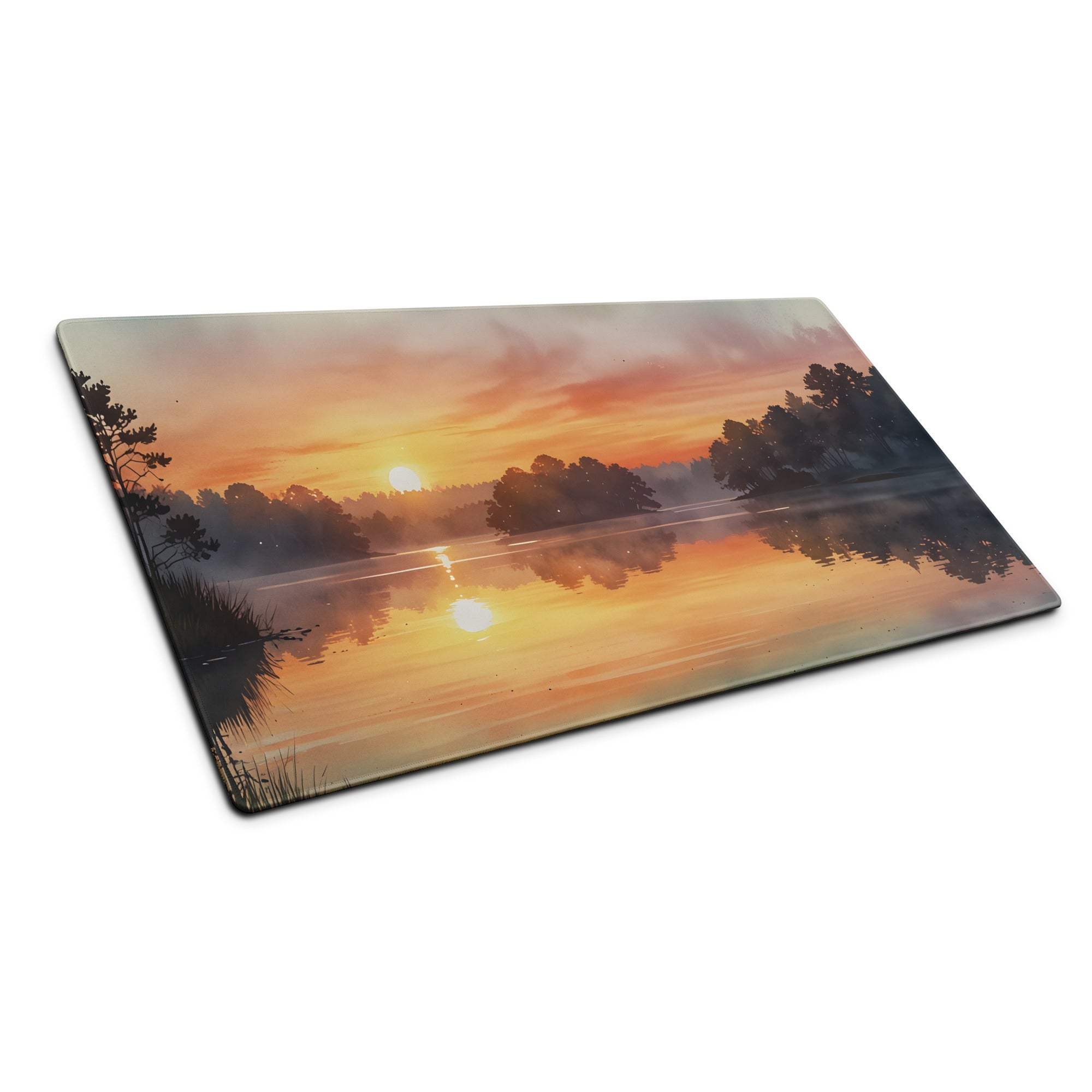 Large nature scene warm sunset lake gaming mouse pad with serene orange pink water reflection