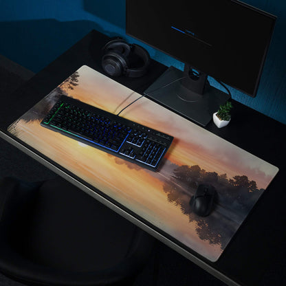Large nature scene warm sunset lake gaming mouse pad with non-slip backing