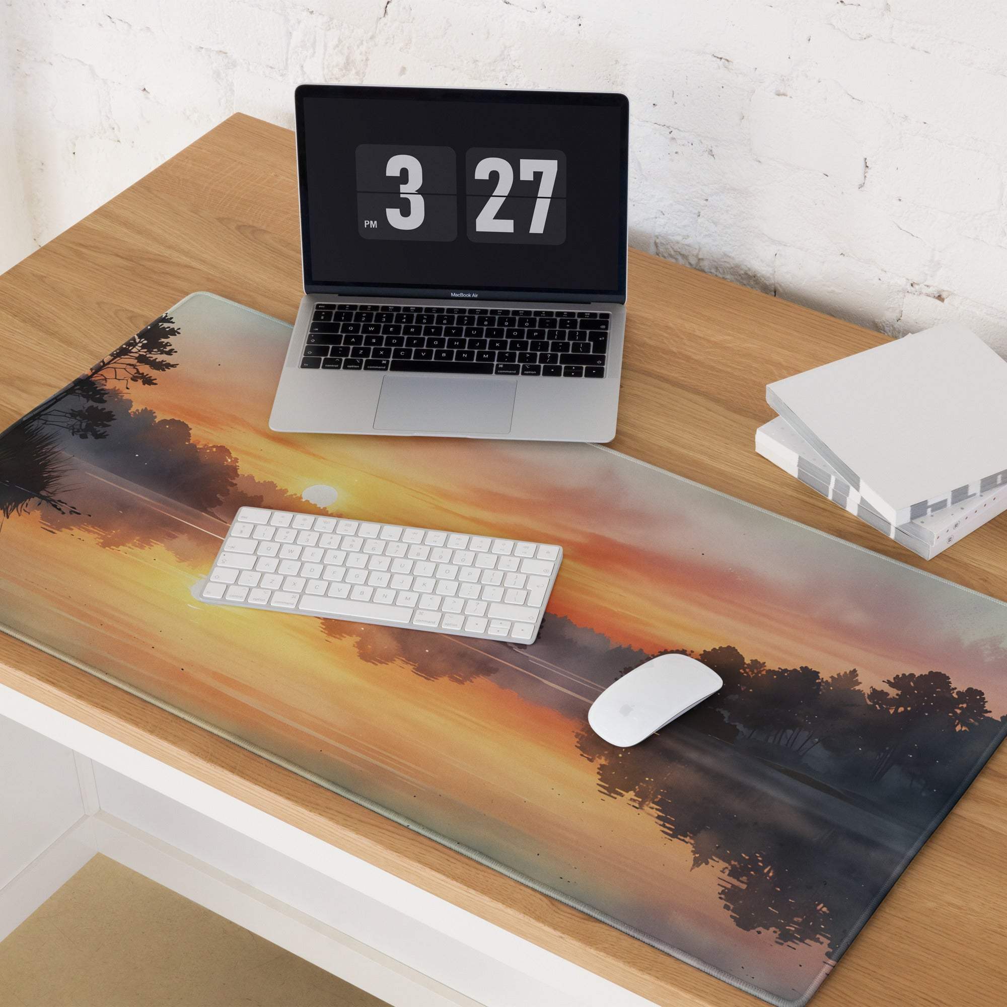 Large gaming mouse pad with warm sunset lake scene, non-slip backing, edge stitching