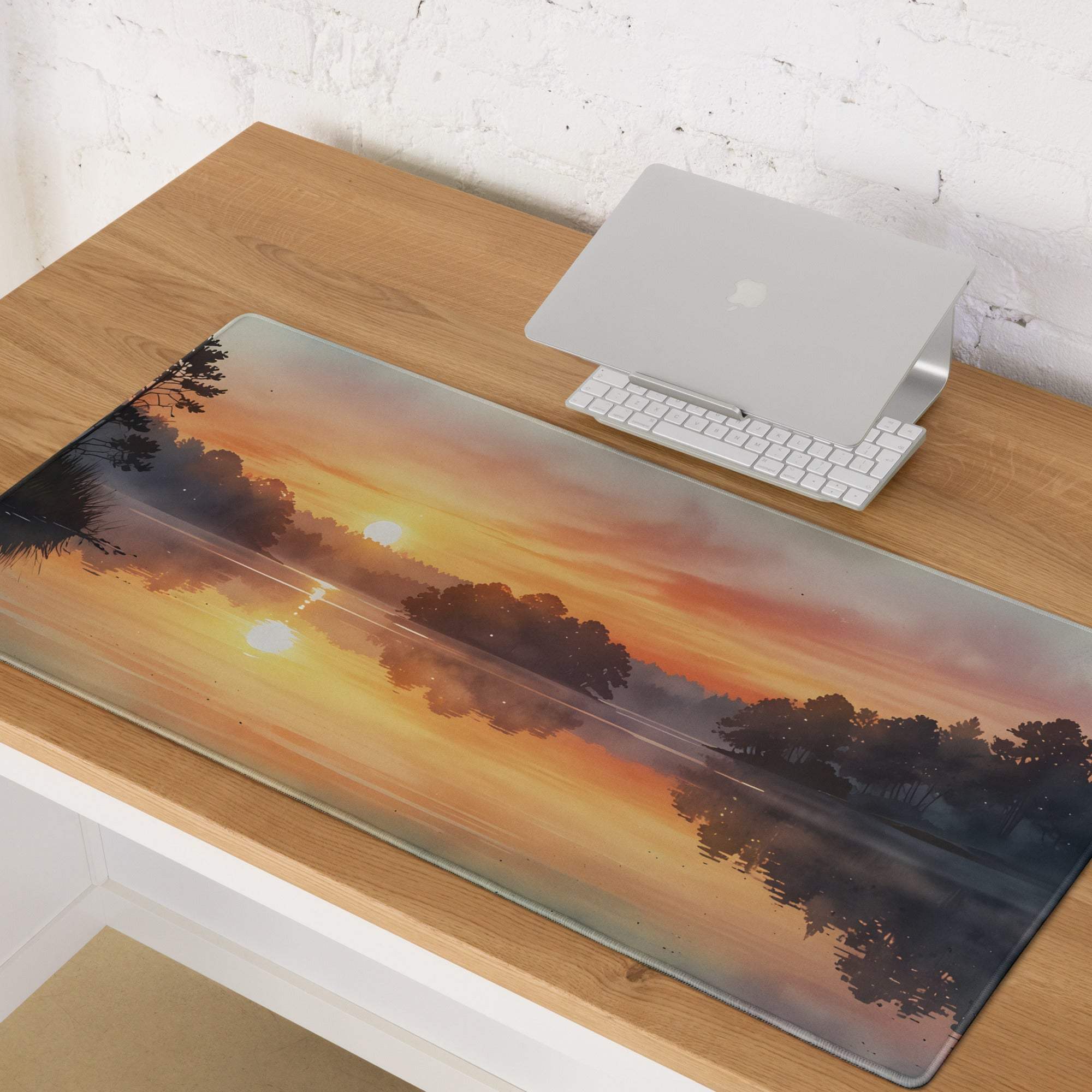 Large nature scene warm sunset lake gaming mouse pad with non-slip backing