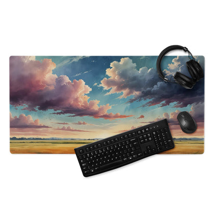 Epic scenic sunset gaming mouse pad with pink purple clouds over golden fields