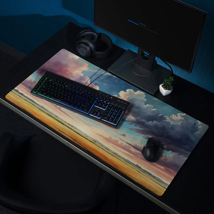Epic scenic sunset sky gaming mouse pad with warm tones, non-slip base