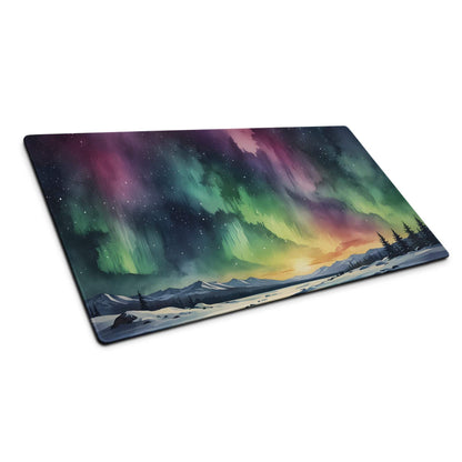Epic Aurora Borealis gaming mouse pad with vibrant swirling greens, purples, pinks over snowy mountains and pines