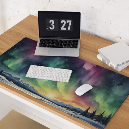 Epic Aurora Borealis gaming mouse pad with vibrant watercolor sky over mountains