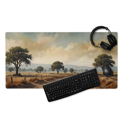Classic landscape gaming mouse pad with scenic road through golden fields at sunset