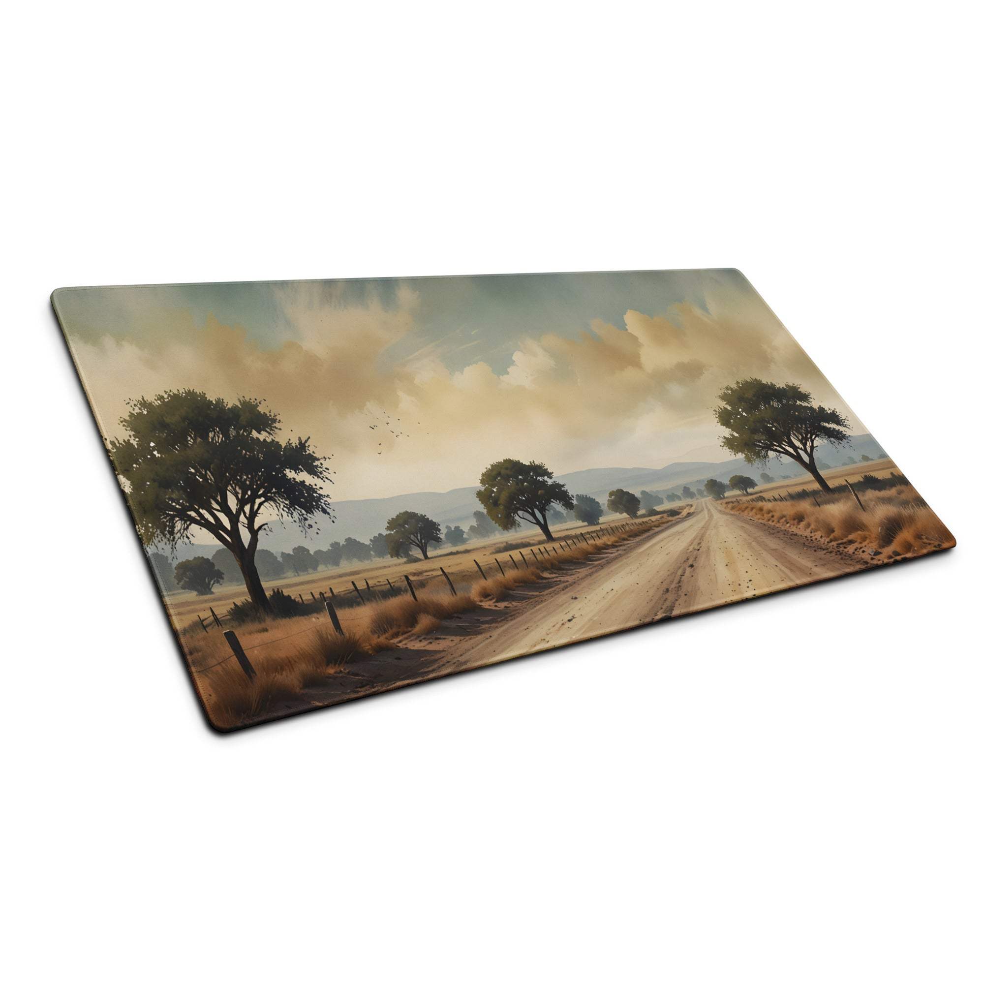 Classic landscape gaming mouse pad with scenic road through fields in sunset mood