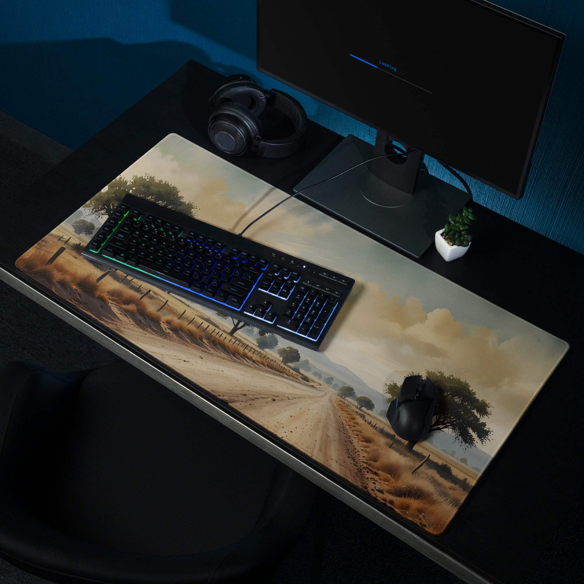 Classic landscape gaming mouse pad with scenic desert road sunset