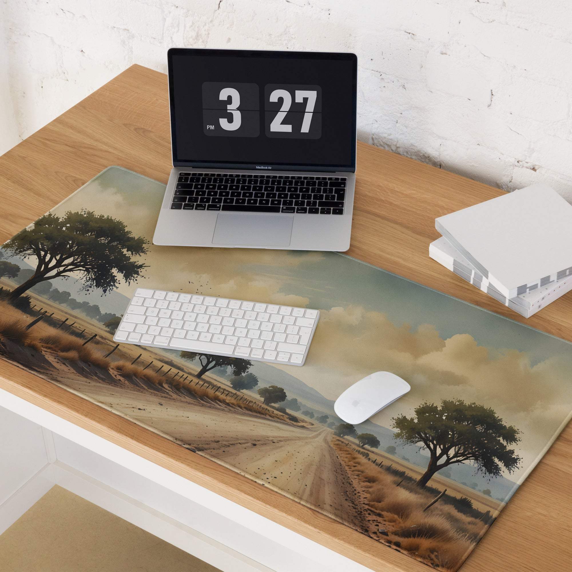 Classic landscape gaming mouse pad with scenic road through fields in sunset mood
