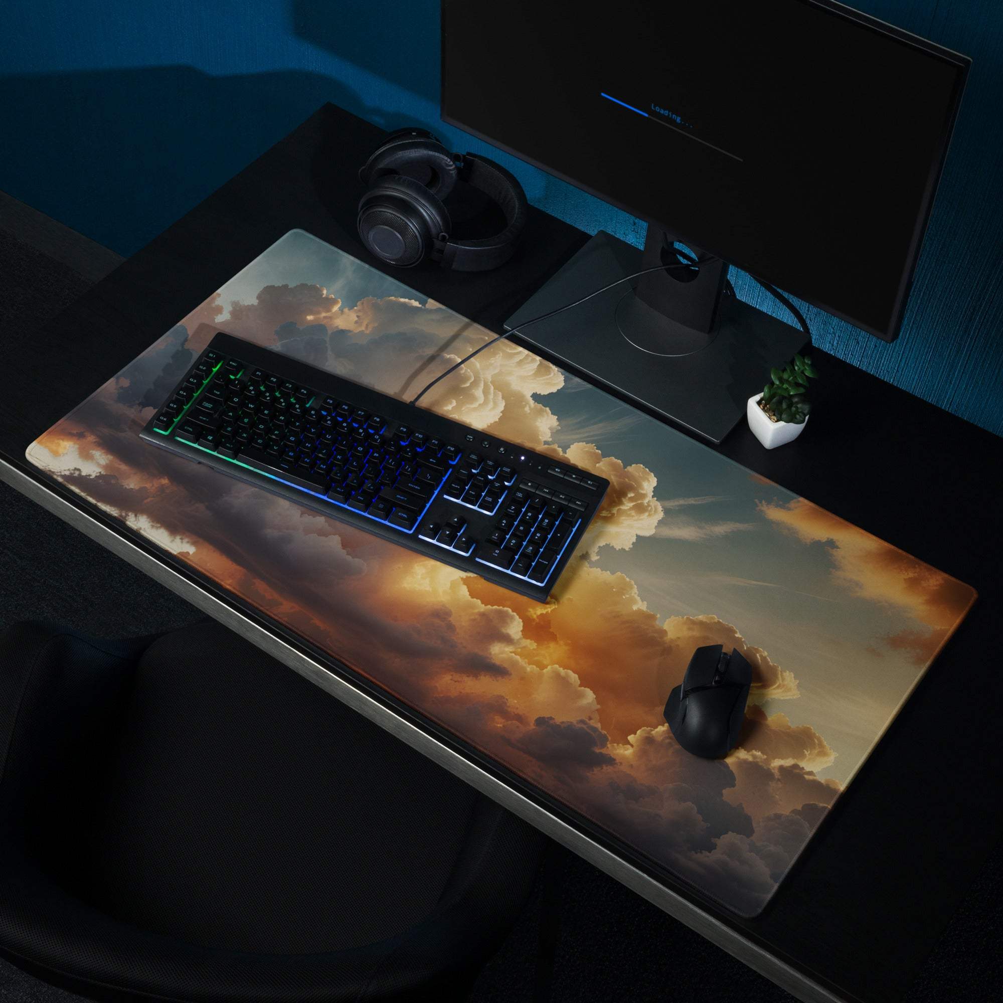 Premium cloudscape sunset gaming mouse pad with orange clouds and non-slip base