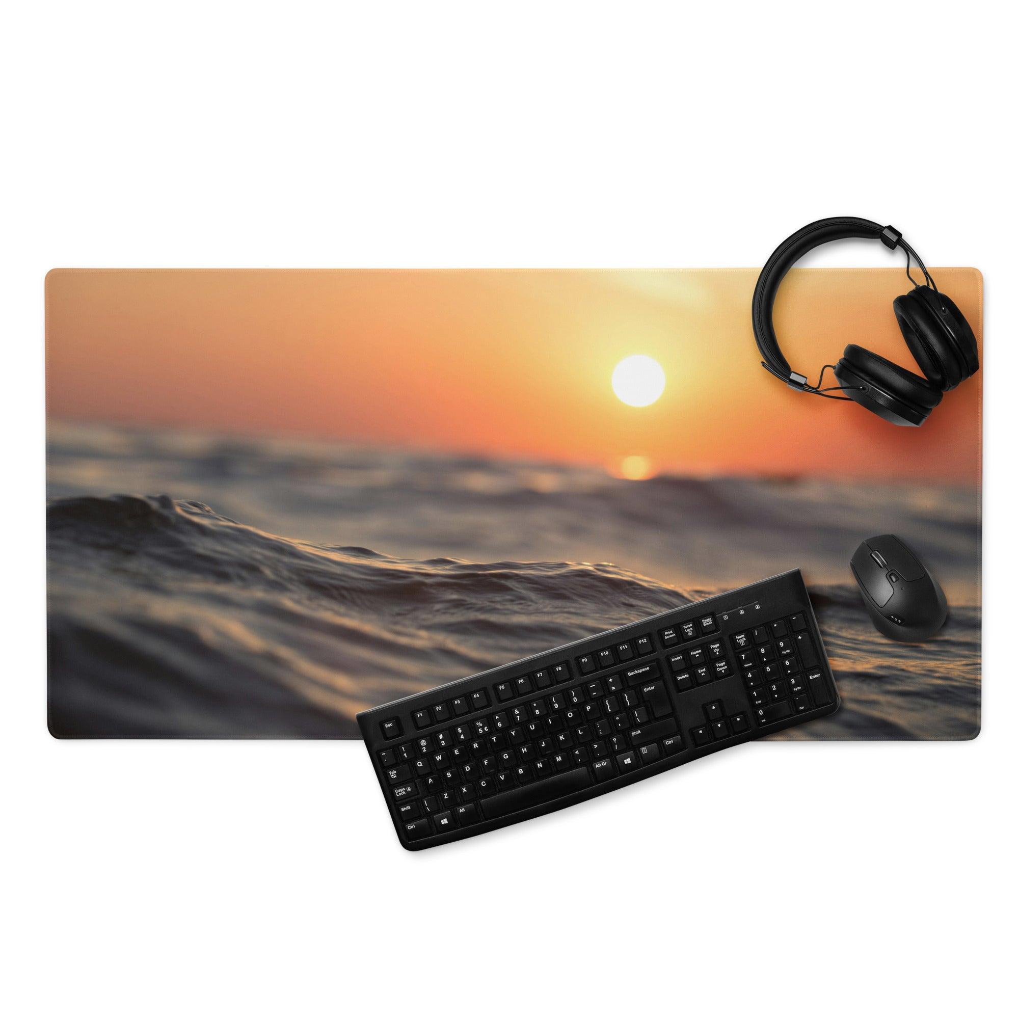 Warm sunset ocean waves gaming mouse pad with large stitched surface