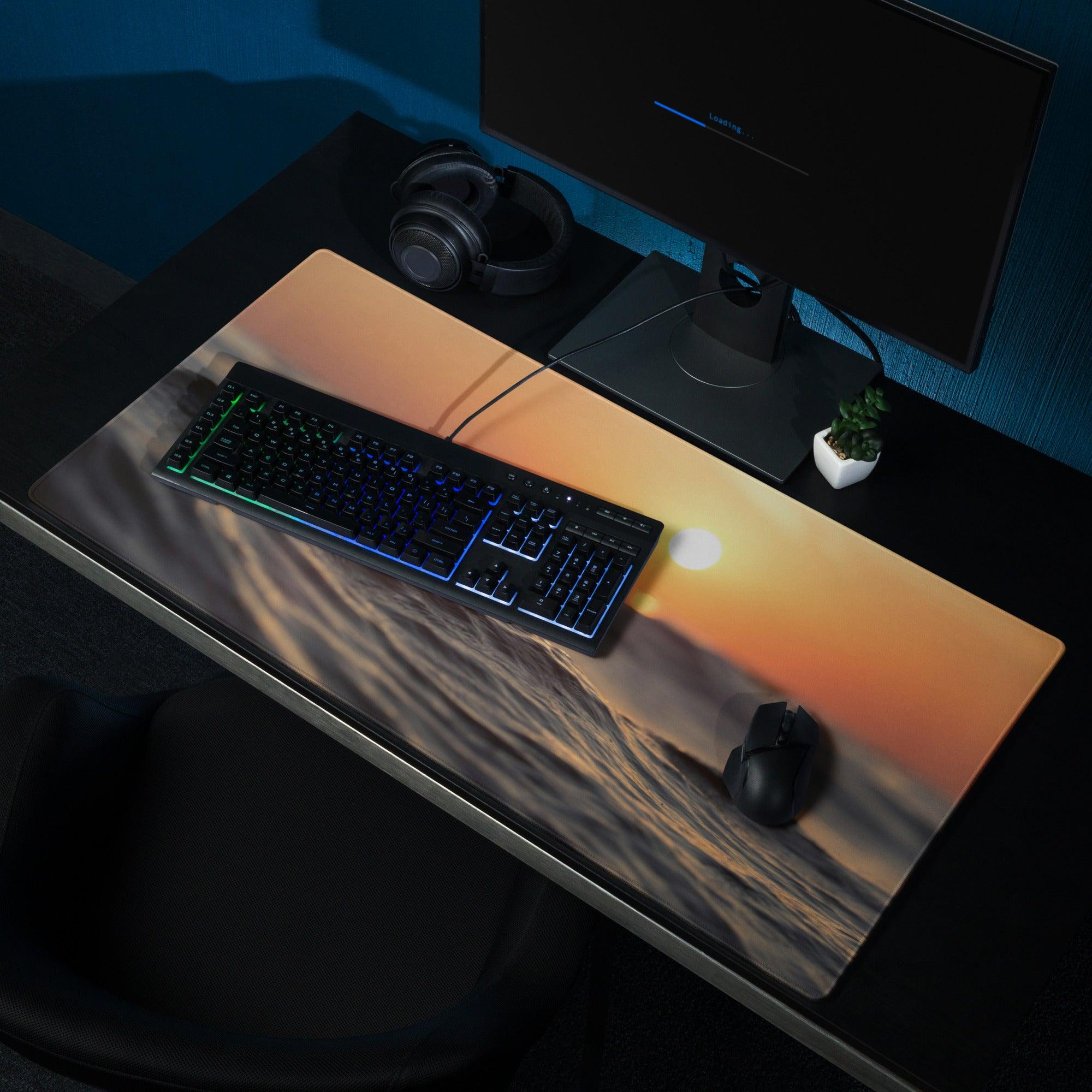 Warm sunset ocean waves gaming mouse pad with desert dunes design