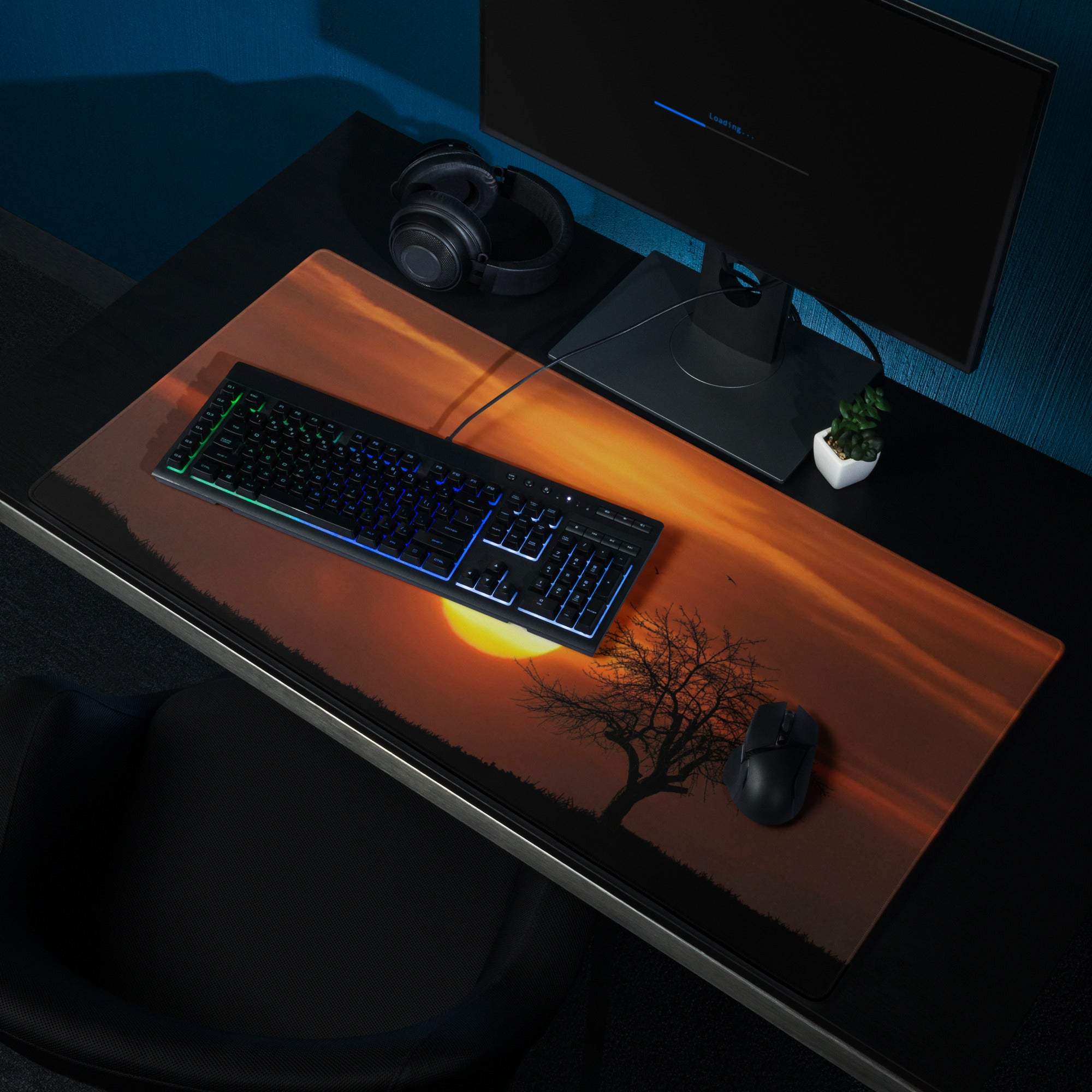 Orange sunset gaming mouse pad with tree silhouette, large non-slip surface