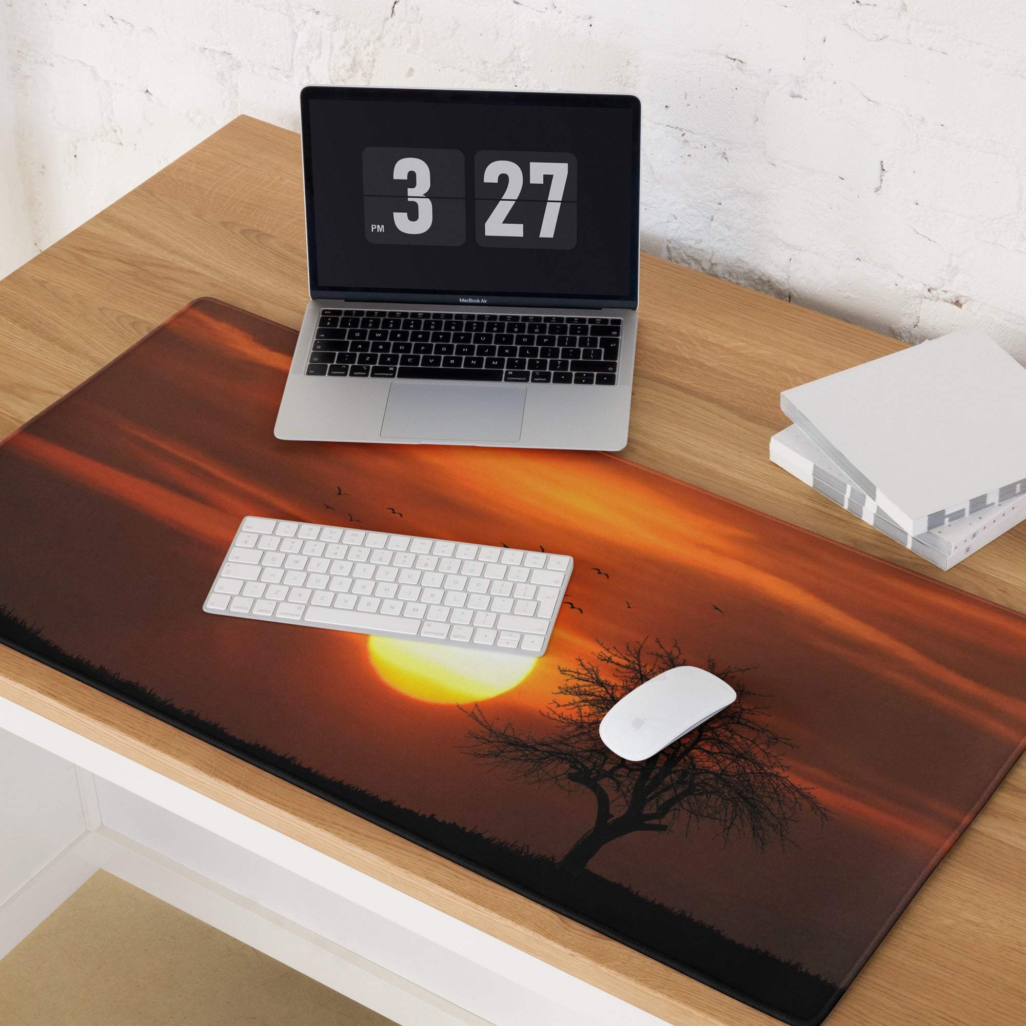 Warm sunset gaming mouse pad with orange sky, trees, birds, non-slip base