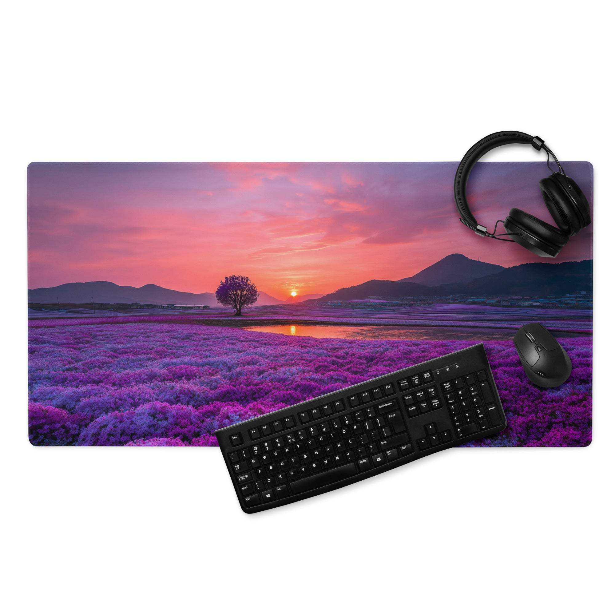 Lavender sunset large gaming mouse pad with purple field and mountains