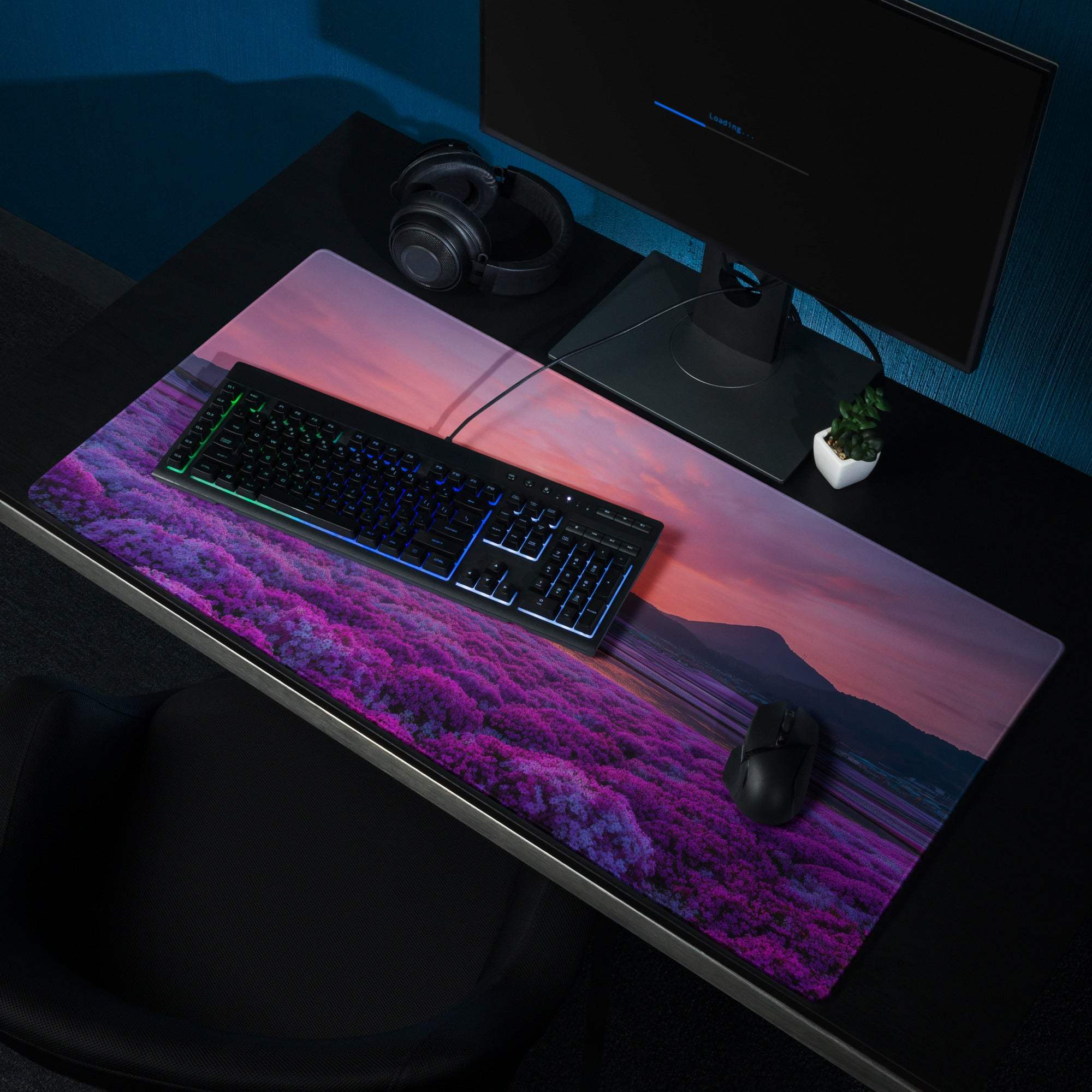 Purple pink lavender field gaming mousepad with non-slip backing