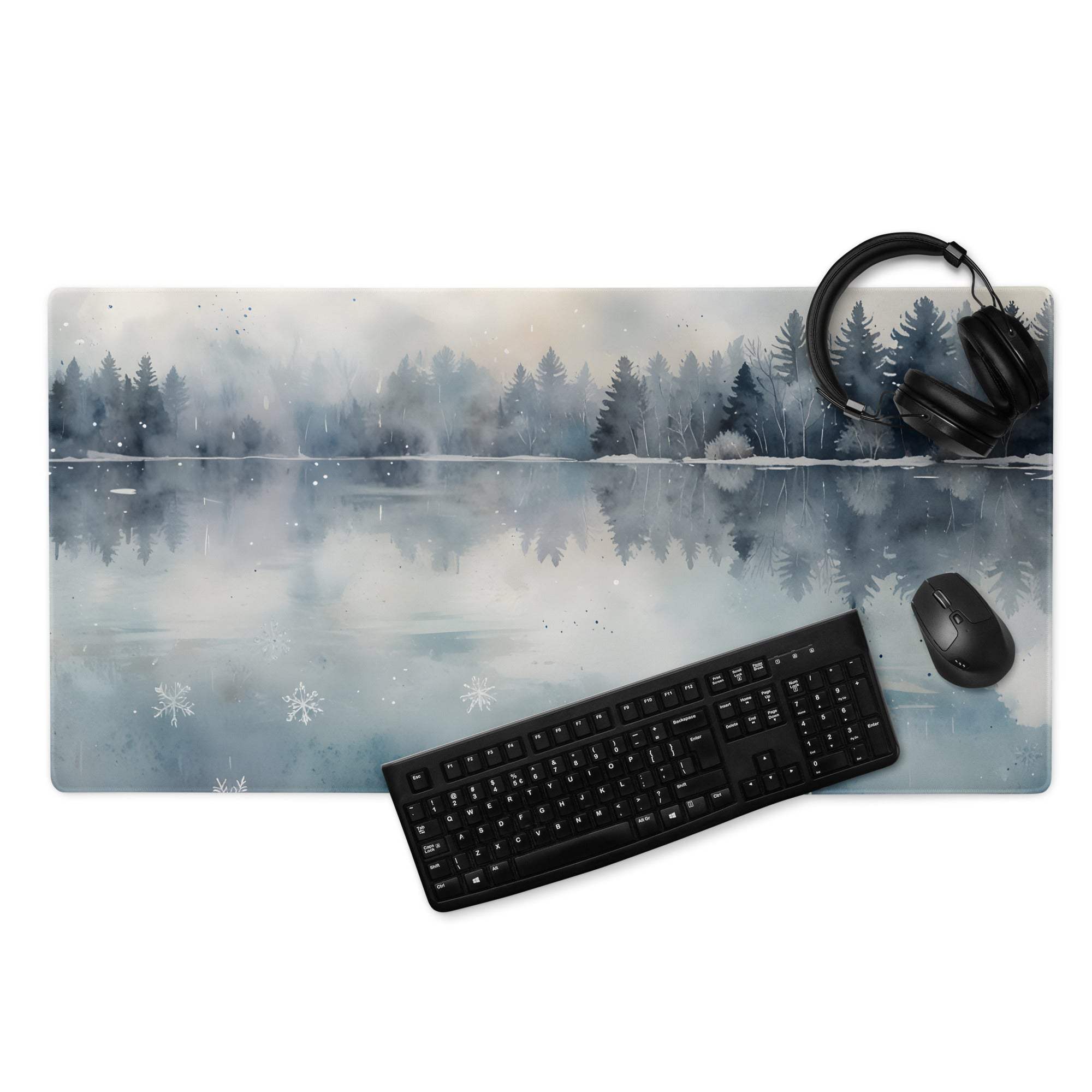 Watercolor winter forest lake gaming mouse pad with snow-dusted trees and snowflakes