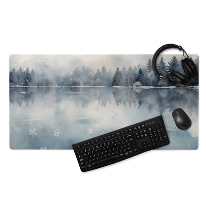 Watercolor winter forest lake gaming mouse pad with snow-dusted trees and snowflakes