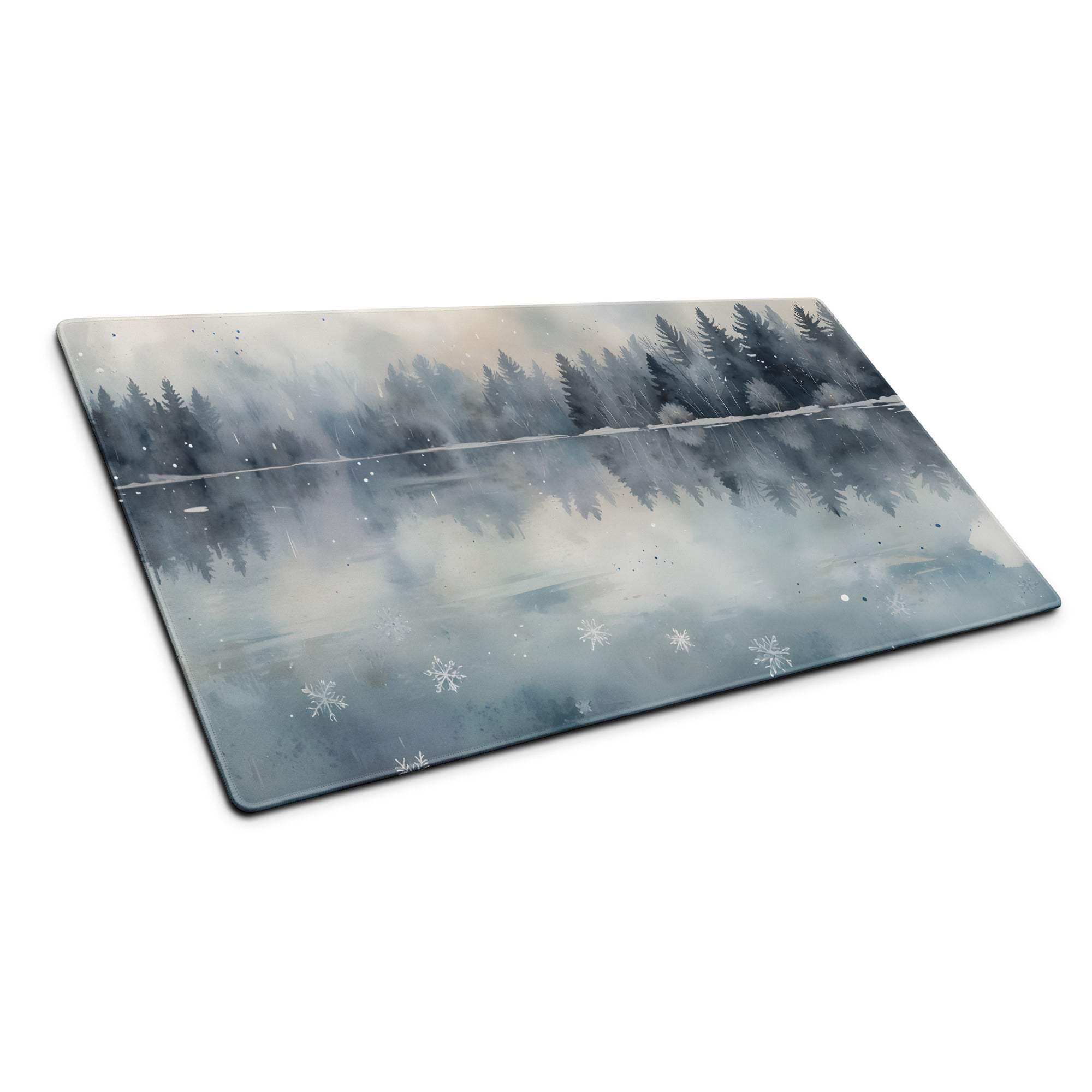 Watercolor winter forest lake gaming mouse pad with serene snowy trees reflection