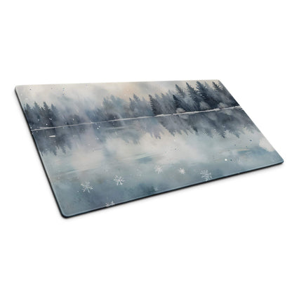 Watercolor winter forest lake gaming mouse pad with serene snowy trees reflection