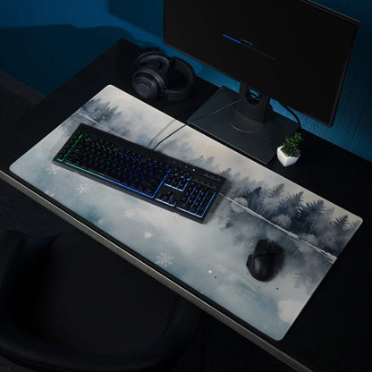 Watercolor winter forest lake gaming mouse pad with frosty design