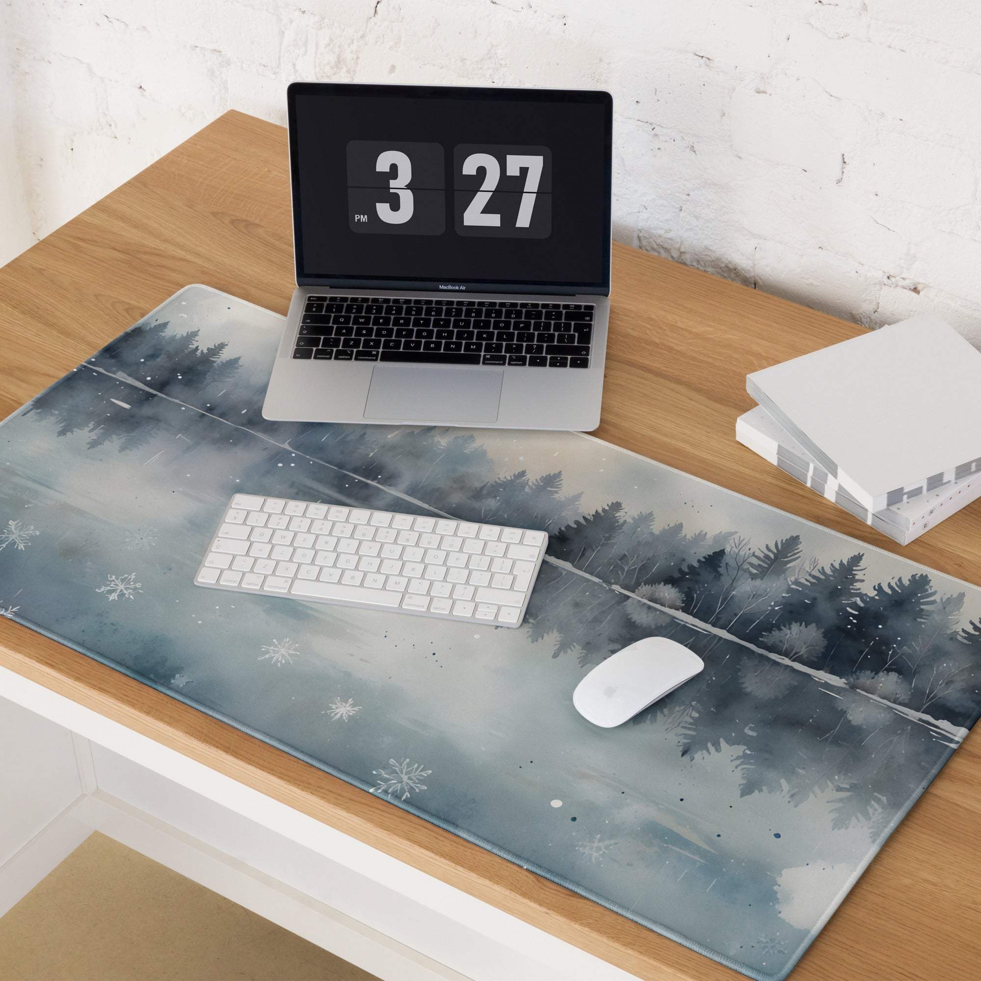 Gray watercolor winter forest lake gaming mouse pad with snowflakes