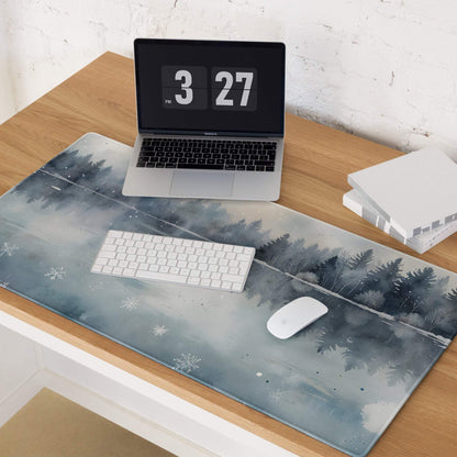 Gray watercolor winter forest lake gaming mouse pad with snowflakes
